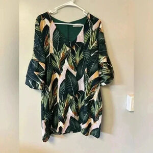 Belongsci Floral Bell Sleeve V Neck Shirt Dress - M